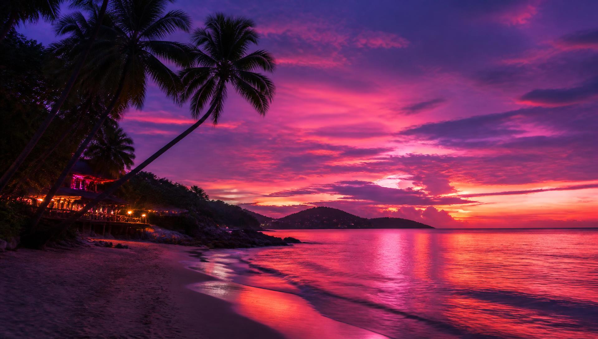 Tropical sunset beach with palm trees, the Cuty AI backdrop